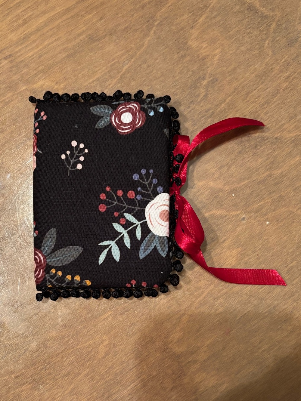 Handmade Floral Black & Pink Fabric Mini Notebook with Red Ribbon 60 Pages Lined